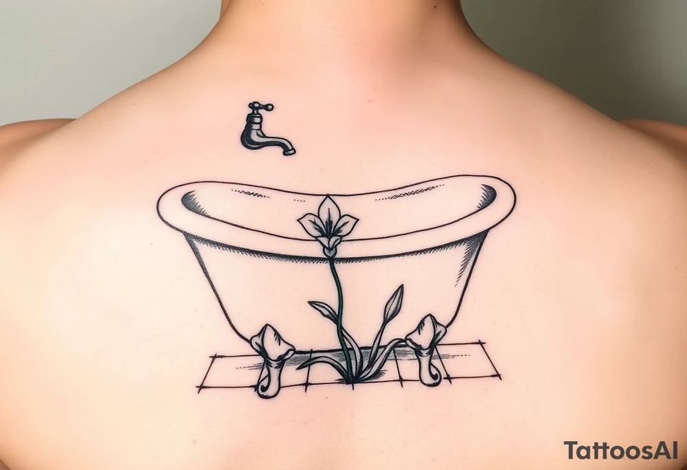 clawfoot bathtub with simple faucet and lily coming up out of the tile floor tattoo idea