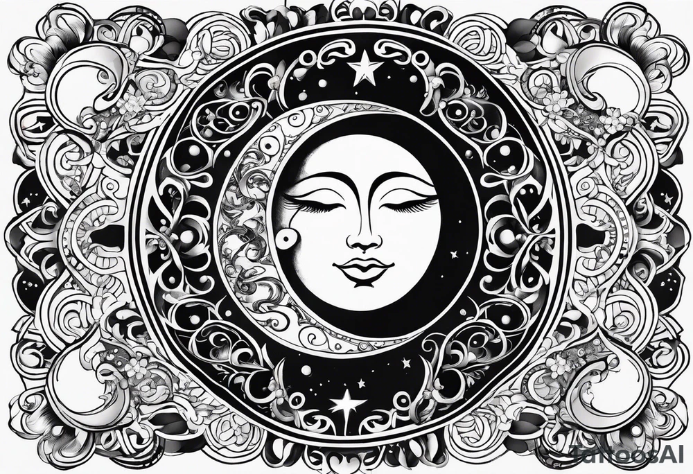 Feminine Sun and moon. long rectangular sternum swirls with dots and stars tattoo idea