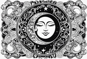 Feminine Sun and moon. long rectangular sternum swirls with dots and stars tattoo idea