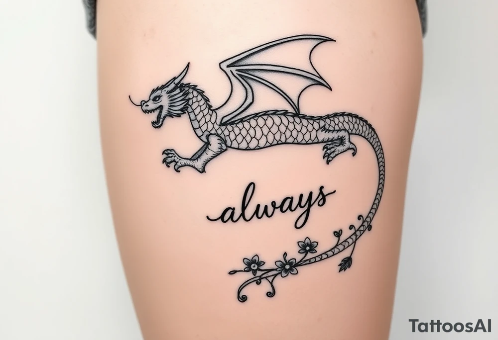 dragon volando en posición horizontal y jugando con las lineas naturales del cuerpo. Que se vea desde arriba.  Que se encuentre jugando con una espada y una tira de flores y que diga la palabra always tattoo idea