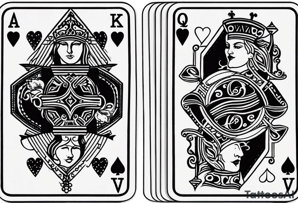 one playing card with both queen of hearts and king of spades incorporated in extreme minimalistic style tattoo idea