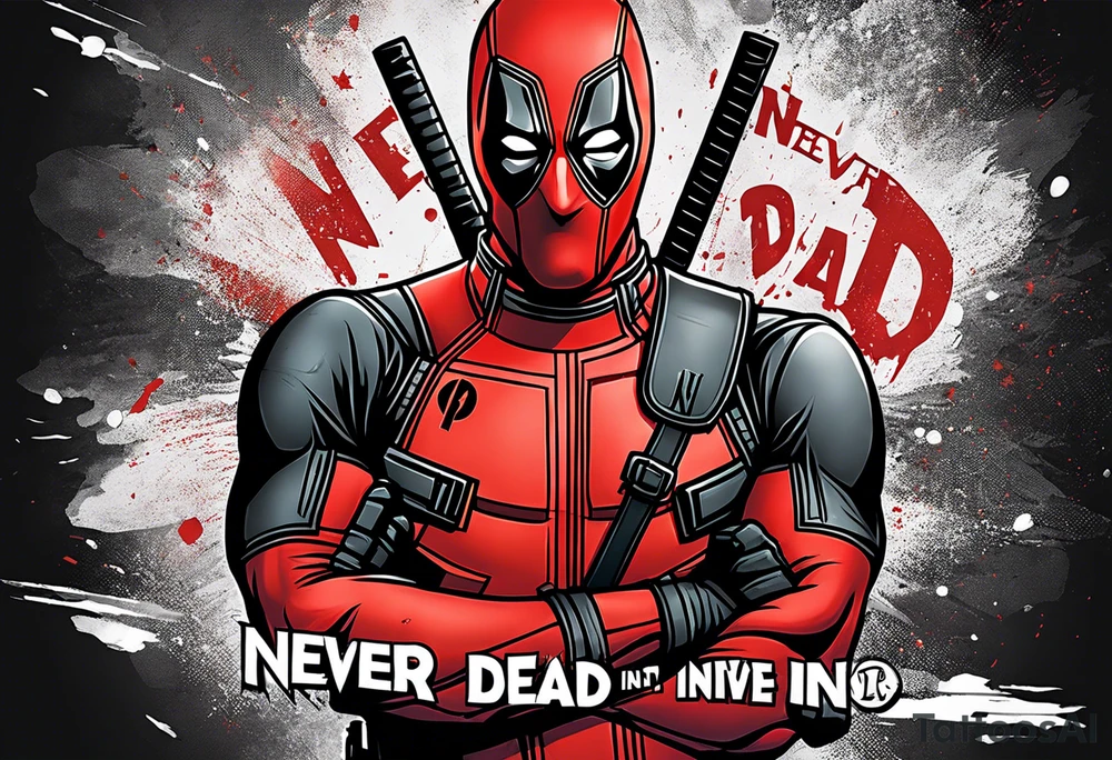 Banner with Text: A worn, dark banner wraps around Deadpool with the phrase "NEVER DEAD" in bold, cracked letters that give a strong and aggressive impression. The banner has small torn details, as if it’s been through rough conditions, with shading that adds depths. tattoo idea