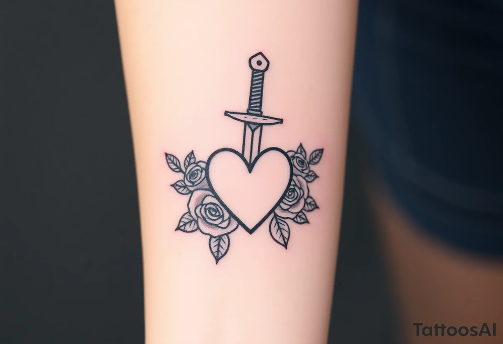 dagger piercing a heart with roses tattoo idea