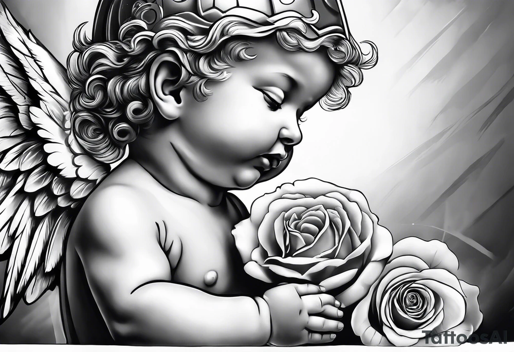 Praying baby Angel, with a Roman warrior looking up behind it, sun beams and rose at the bottom tattoo idea