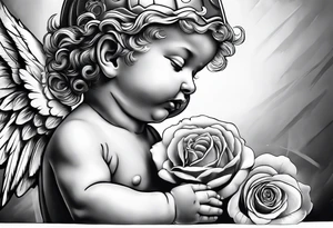 Praying baby Angel, with a Roman warrior looking up behind it, sun beams and rose at the bottom tattoo idea