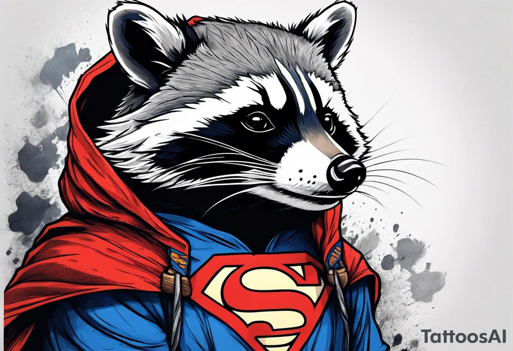 raccoon wearing a Superman hoodie tattoo idea