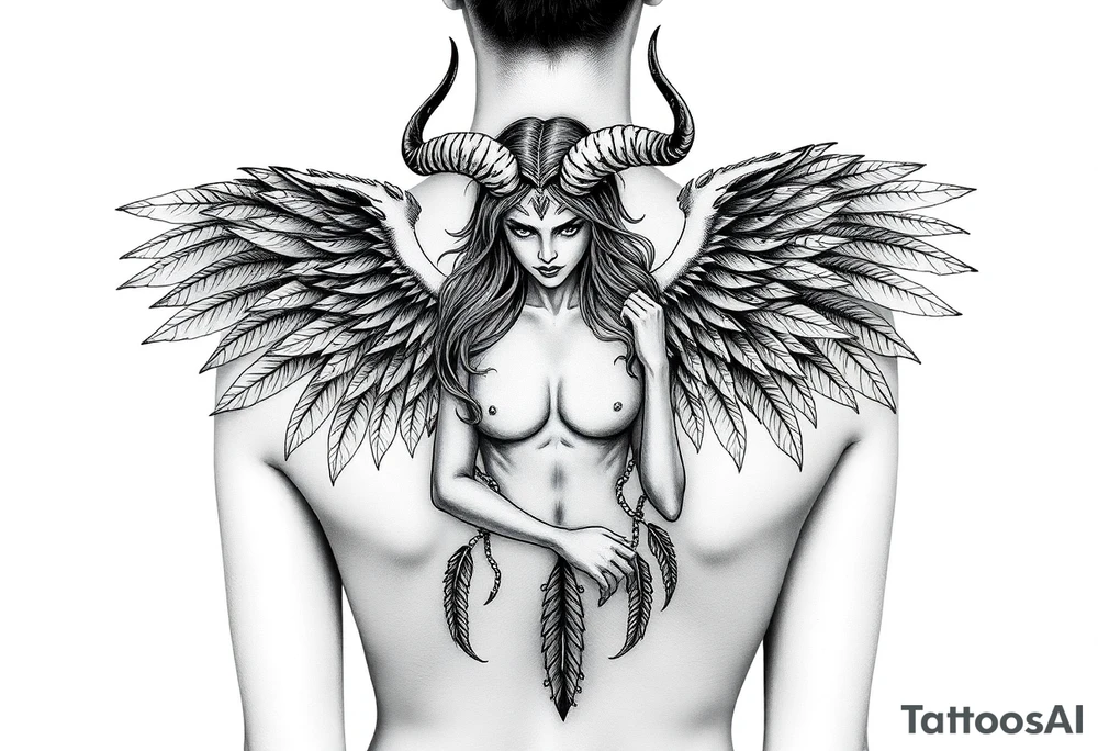 Menacing full body Woman Harpy with horns and lots of feathers tattoo idea