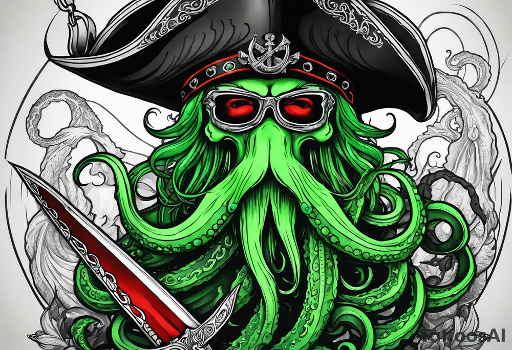 green pirate squid with tentacles holding very bloody sword and anchor in tentacles, black hat, beard tattoo idea