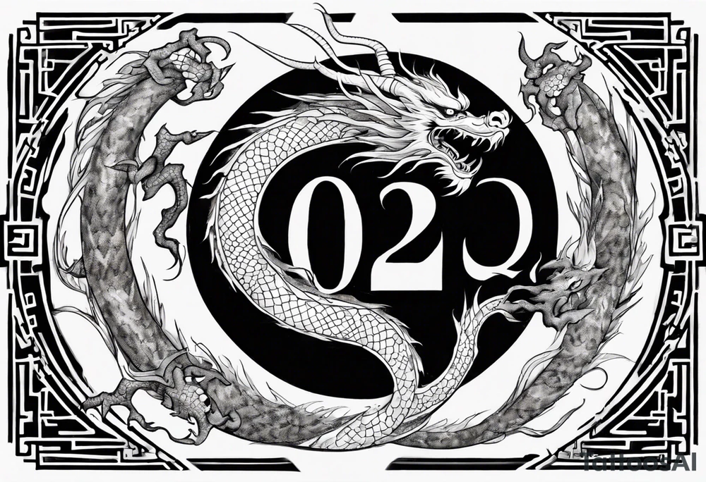 Chinese dragon in a circular shape with "02.03" written on its skin tattoo idea