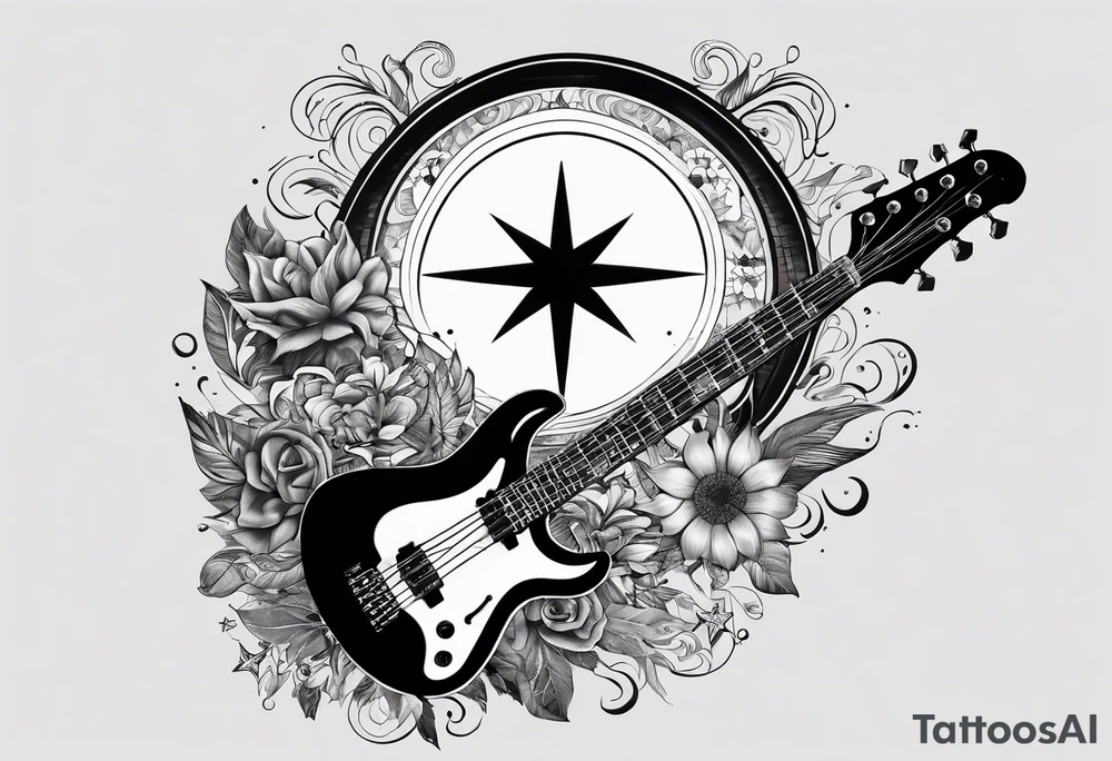 Collage for full left arm sleeve with:
a sun with a quarter moon, 
2 stars,
bass guitar, 
caduceus symbol tattoo idea