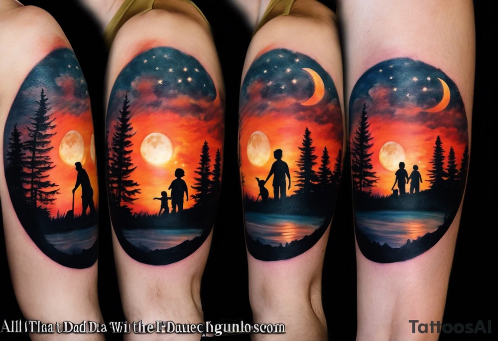 Tattoo of a family of four on a male forearm 
- dad, mom and two boys around a campfire.  Background is a sunset at the bottom, night at the top with a big beautiful moon. I would like it to be encased in a circle with the words "All that I need is the air that I breathe, and all that I need are things I don't need, and all that really matters is what matters to me". tattoo idea