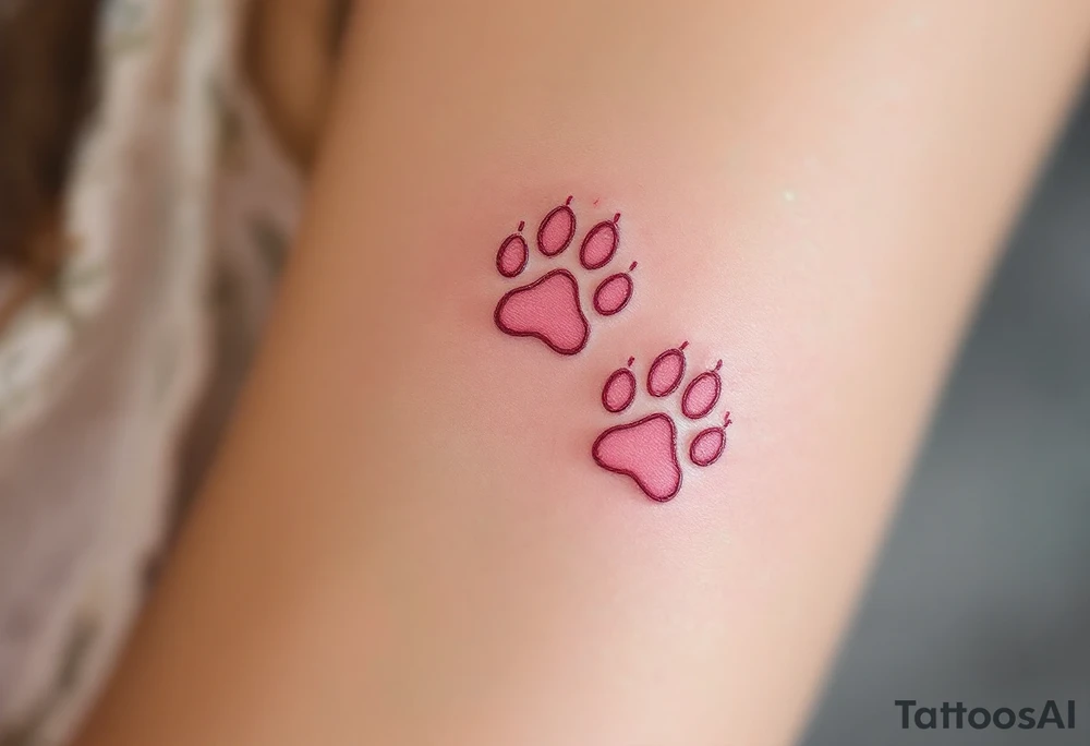 Two delicate paw outlined in pink, placed near the heart or wrist, elegant and minimal. tattoo idea
