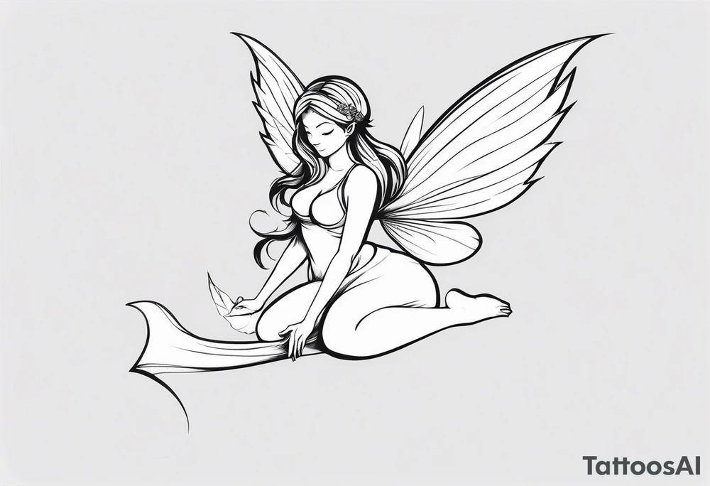 Minimalistic, monochromatic fairy with a tail flying to the left in a fetal position, leaning and looking in the same direction, with visible hands, embodying the 'Fairy Tail' logo aesthetic. tattoo idea