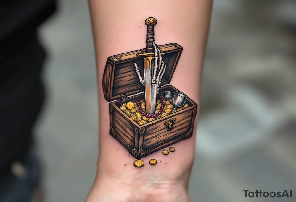 Dead Man’s Chest – A weathered wooden treasure chest, overflowing with gold coins, ruby necklaces, and silver goblets. A skeletal hand emerges from within, gripping a rusty dagger covered in barnacles. tattoo idea