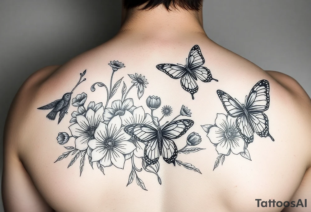 Flowers and birds and butterflies tattoo idea