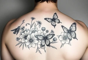 Flowers and birds and butterflies tattoo idea