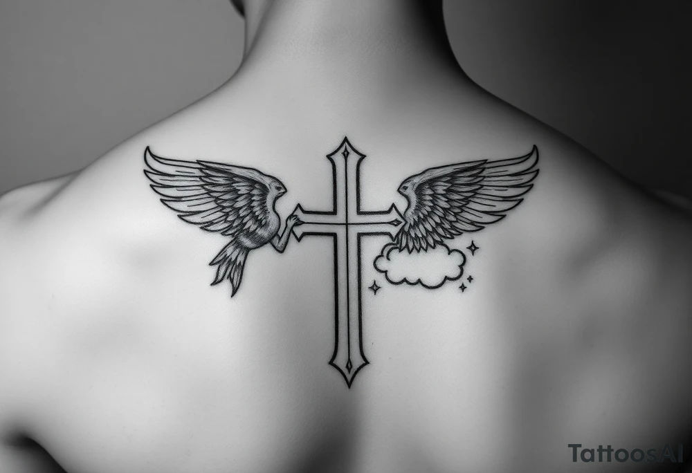 add cross neklace with one angel and some details cloud tattoo idea