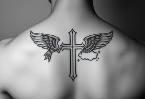 add cross neklace with one angel and some details cloud tattoo idea