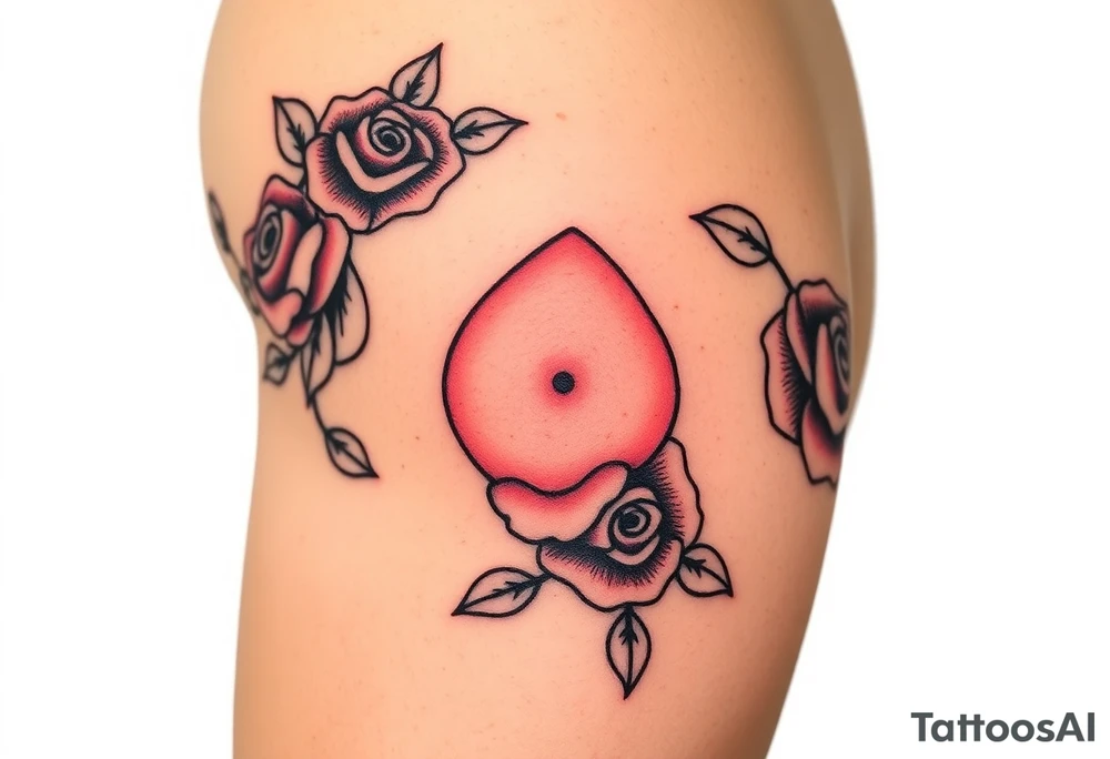 A mole with bold black outlines, and red roses surrounding it for a classic old-school aesthetic tattoo idea
