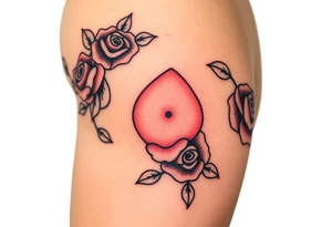 A mole with bold black outlines, and red roses surrounding it for a classic old-school aesthetic tattoo idea