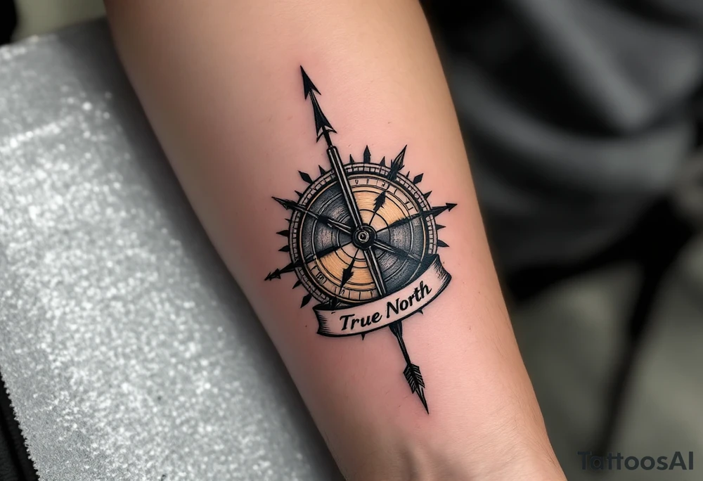 Rustic half compass half clock with and long native American arrow pointing at my wrist with the words “True North” tattoo idea