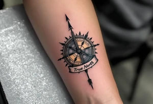 Rustic half compass half clock with and long native American arrow pointing at my wrist with the words “True North” tattoo idea