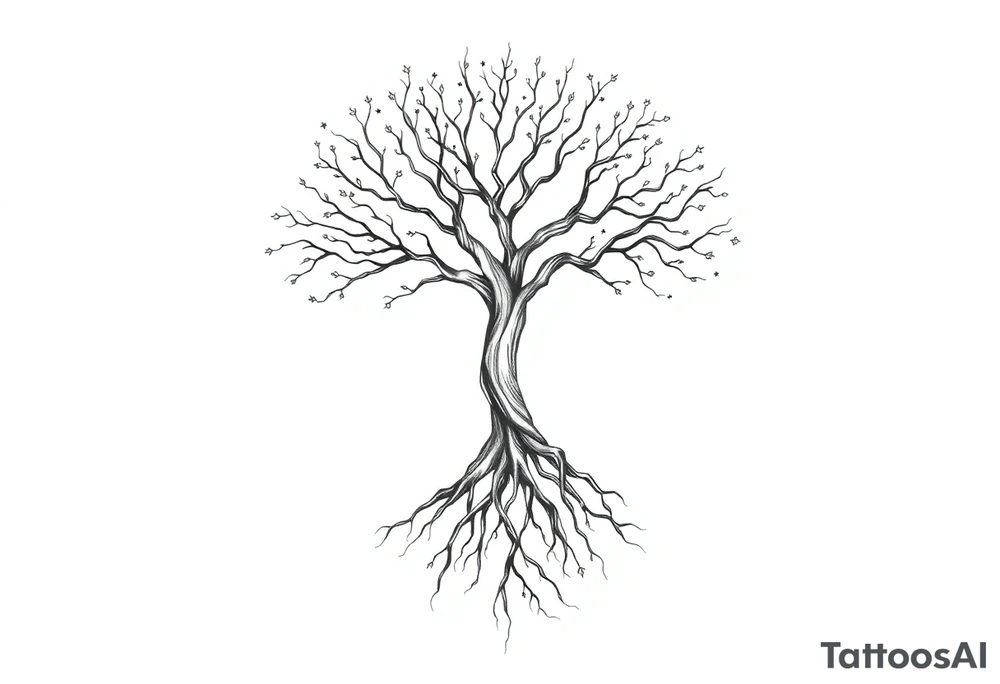 mystical tree of life with cosmic roots and celestial branches tattoo idea