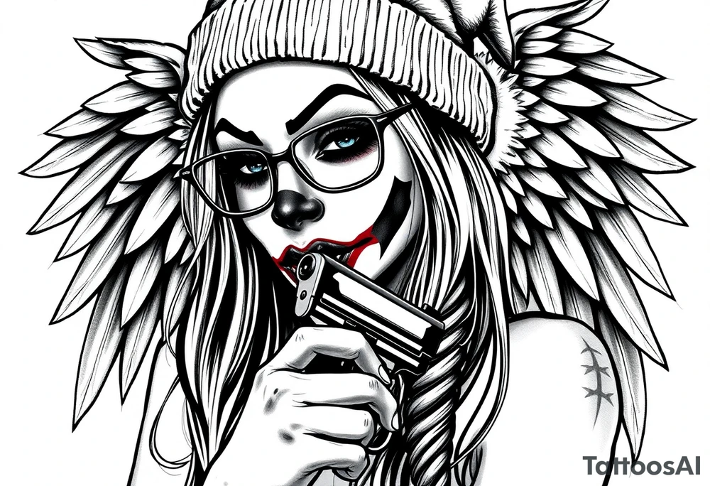 Chicana beautiful long hair clown makeup angel wings thug beanie eyeglasses licking a gun tattoo idea