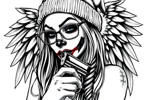 Chicana beautiful long hair clown makeup angel wings thug beanie eyeglasses licking a gun tattoo idea