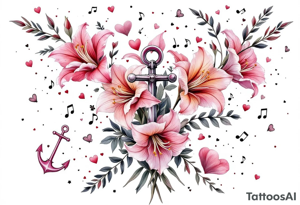 «En del av deg for evig tid!
Pappa 20.12.24» Surrounded by long gladiolus, hearts, notes and an anchor. tattoo idea