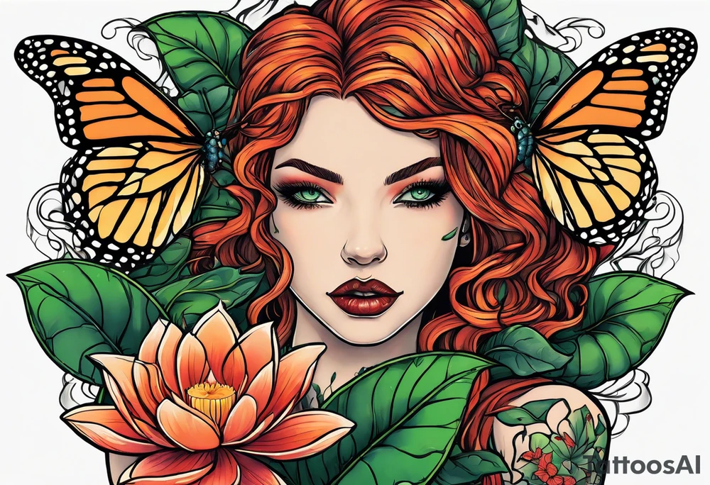 poison ivy plant wrapped around a hand holding water lilies surrounded with butterflies around with “Zane”, “Nate”, “Jaiden” tattoo idea