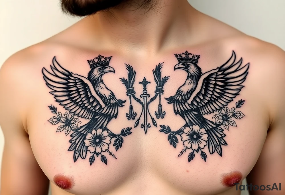 Chest tattoo,powerful two symetrical majestic eagles with a crowns, surrounded by floral ornaments and lure tattoo idea