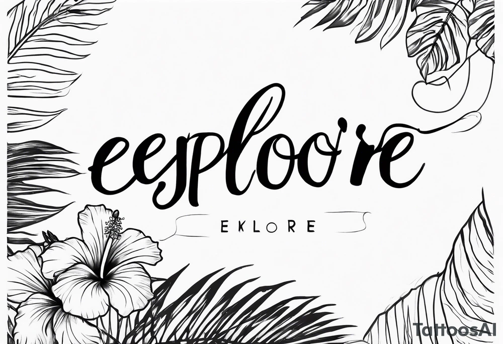 Tropical tatto with hibiscus and sunrise that says explore in delicate script tattoo idea
