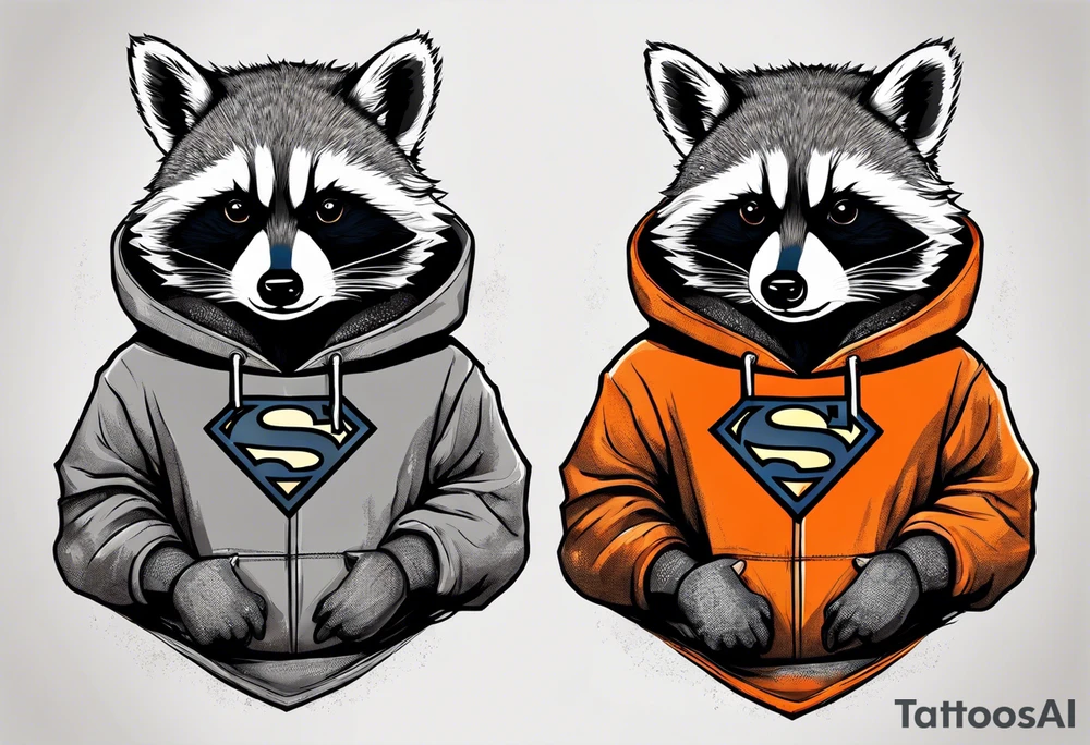 Raccoon wearing an orange Superman hoodie tattoo idea