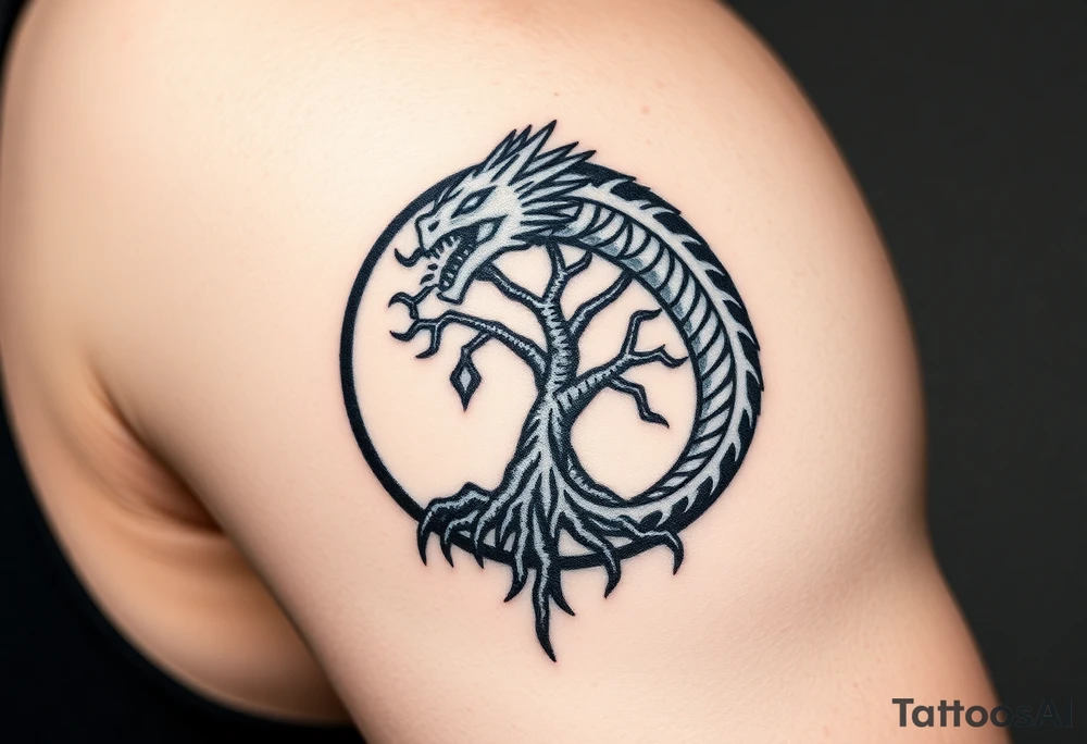 a dragon forming a circle with its body.  the dragon encircles the tree of life.  the dragon is eating the tree. the roots of the tree are strangling the dragon tattoo idea