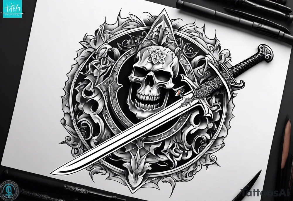 sword with satanic symbols tattoo idea