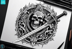 sword with satanic symbols tattoo idea