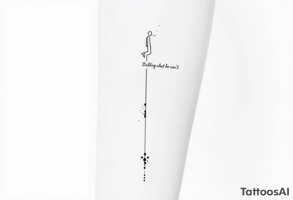 Minimalist black-ink forearm tattoo representing father and son, legacy, and continuation of unfinished dreams. Central design: a single, flowing vertical line or abstract path starting fragmented at the bottom (symbolizing the father’s unfinished work) and gradually becoming solid and strong as it rises (symbolizing the son carrying the legacy forward). Along the path, include fine, particle-like dots or subtle flowing lines that represent the father’s guidance and energy cheering the son on. Above the path, subtly integrate an abstract, ethereal outline of the father watching proudly, made with minimal fine lines, fading into the composition without overpowering the main flow. Hidden within or alongside the line, include the phrase “Building what he couldn’t” in elegant, small script. Style: clean minimalistic black ink only, fine-line geometric abstraction with flowing composition, organic motion of particles, strong symbolism of legacy, guidance, and transcendence, forearm-optimized vertical layout, visually balanced and readable at arm scale. tattoo idea