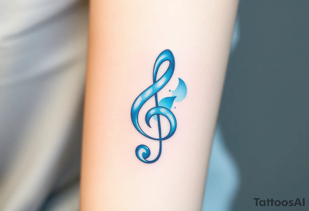 A treble clef shaped from water droplets, with a light blue and white gradient, signifying the fluidity and movement of music tattoo idea