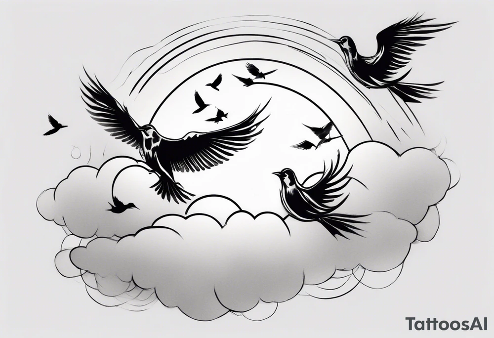 a shoulder tattoo with lots of rays of light in gradient, clouds and birds flying free tattoo idea