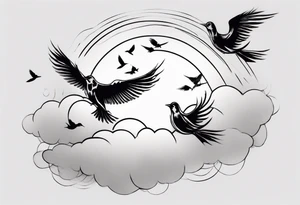 a shoulder tattoo with lots of rays of light in gradient, clouds and birds flying free tattoo idea