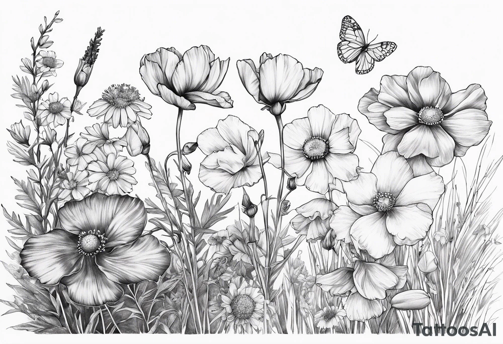 1 cosmos flower, 1 iris, larkspur, 1 daisy, 1 poppy tattoo idea