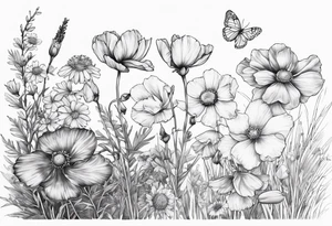 1 cosmos flower, 1 iris, larkspur, 1 daisy, 1 poppy tattoo idea