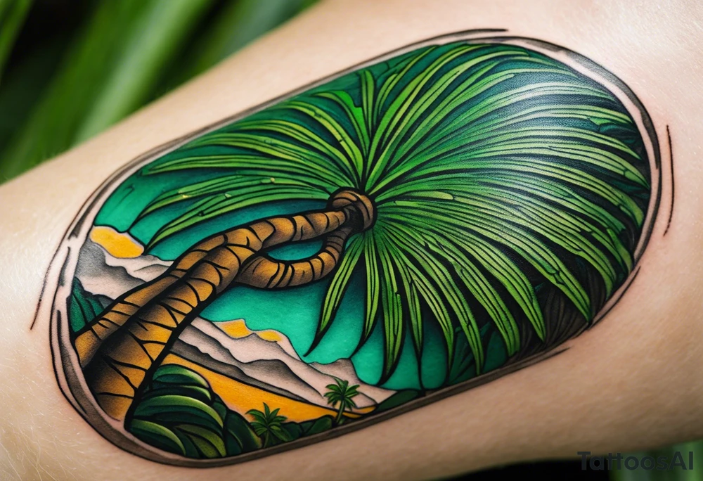 Tattoo: A striking Gachala emerald sits at the base of a tall quindio wax palm, which grows resiliently from cracks in rugged, rocky soil. The emerald is the main focal point, symbolizing strength and endurance, while the wax palm, rooted in the soil’s crevices, represents growth and resilience. A small water stream flows gently from the rocks, adding an element of life and nourishment. Style: Micro-Realism. tattoo idea