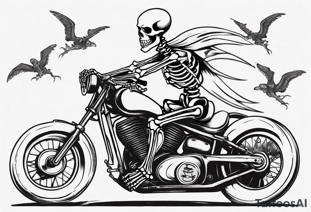 Skeleton riding motorcycle along the beach tattoo idea