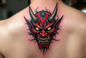 A fierce Hannya mask in deep red and black, with glowing yellow eyes and sharp horns. tattoo idea