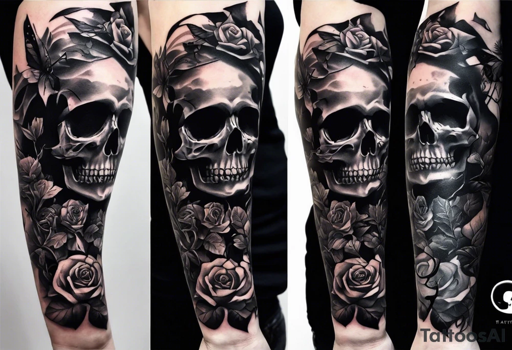 A sleeve tattoo whose elements seem to be connected into one story. Elements on the tattoo: a skull with a rose sticking out of the eye, plants, a girl’s face turning into roots, a destroyed old chain, a broken sword, a butterfly and you can add some connecting elements tattoo idea