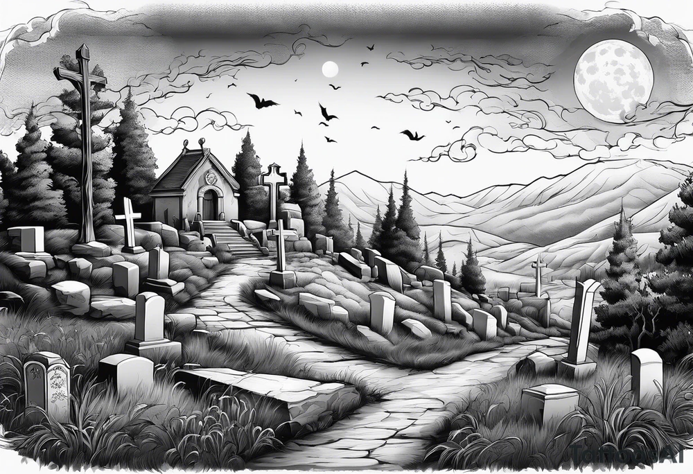 Cemetery on hills with smoke and moon tattoo idea