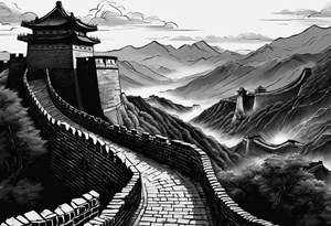 Great Chinese wall, realistic, art, gezeichnet, fine line, black and grey, man, details, high tattoo idea