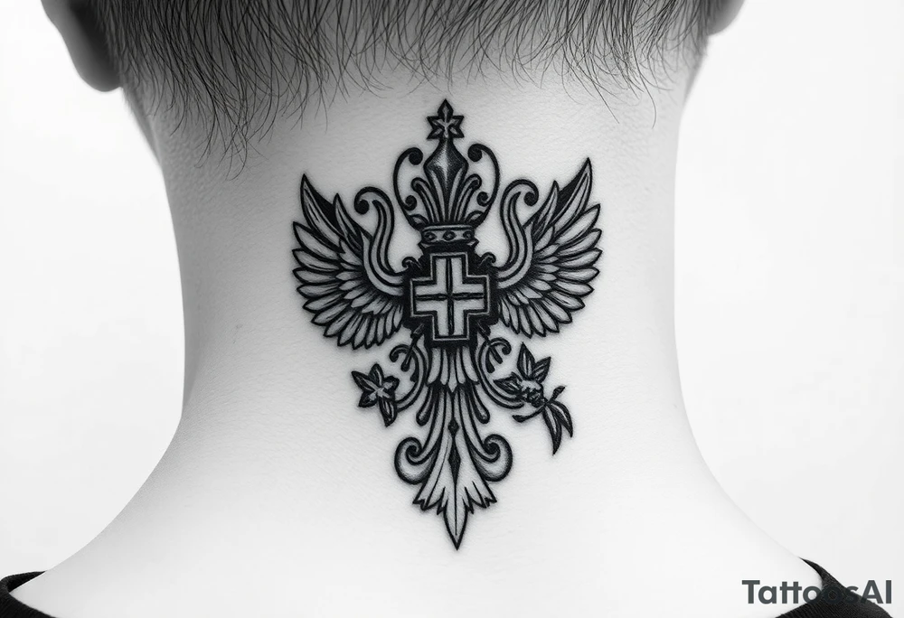 russian coat arms in a russian christian orthodox cross with the cross in the middle with a virgin mary & orthodox dome church on the side of the neck tattoo idea